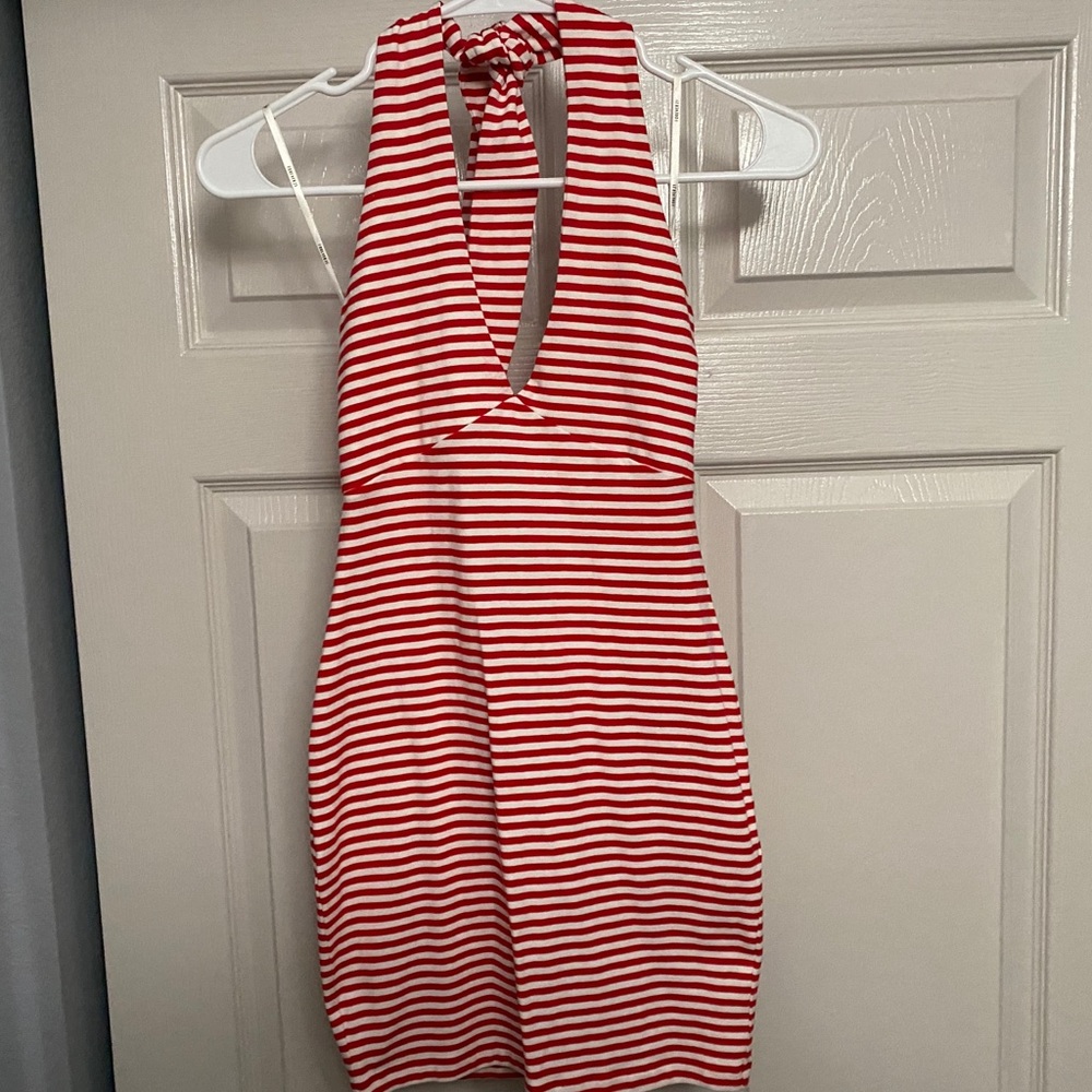 Red and White Striped Halter Dress